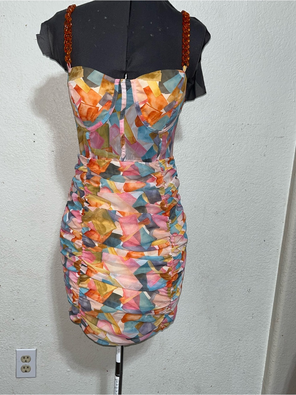 Nasty Gal Multicolor Geometric Ruched Mini Dress with Amber Beaded Straps